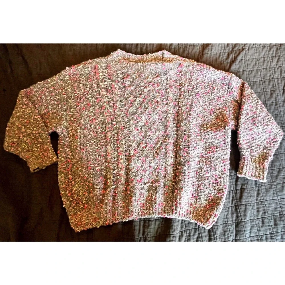 Grey Pink Confetti Cable Knit Popcorn Sweater B5152 Relaxed Fit Womens‎ SM